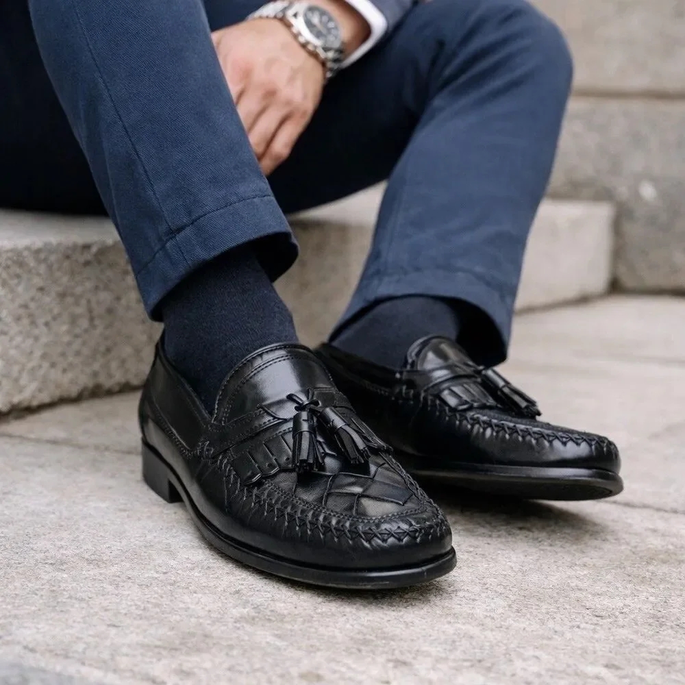 Giorgio Brutini Mens Size 9D Le Glove Tassle Kiltie Black Woven Leather Loafers